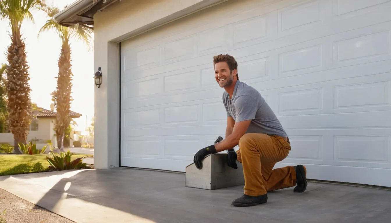A friendly provider checking the tracks of a residential garage door in Tarpon Springs